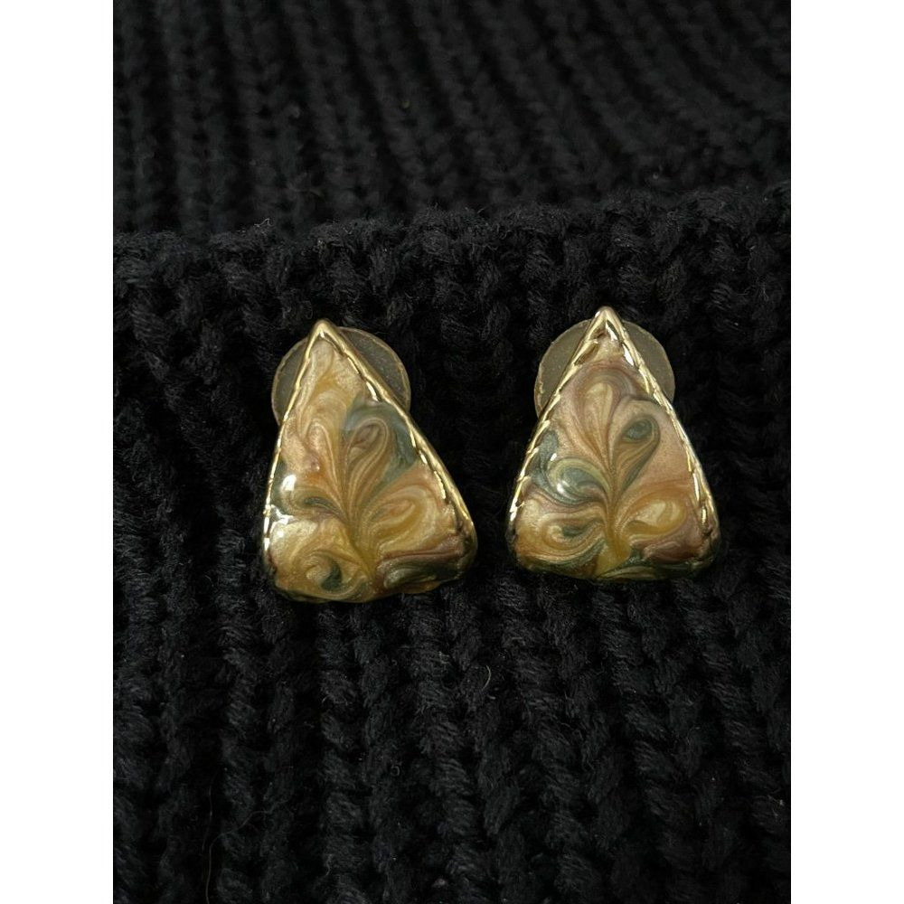VINTAGE 80's Swirled‎ Green Pink Gold Tone Tear Drop Earrings
